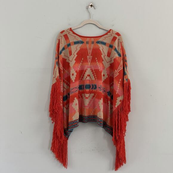 Denim & Supply Ralph Lauren Southwestern Fringe Orange Aztec Poncho Sweater - Picture 3 of 4